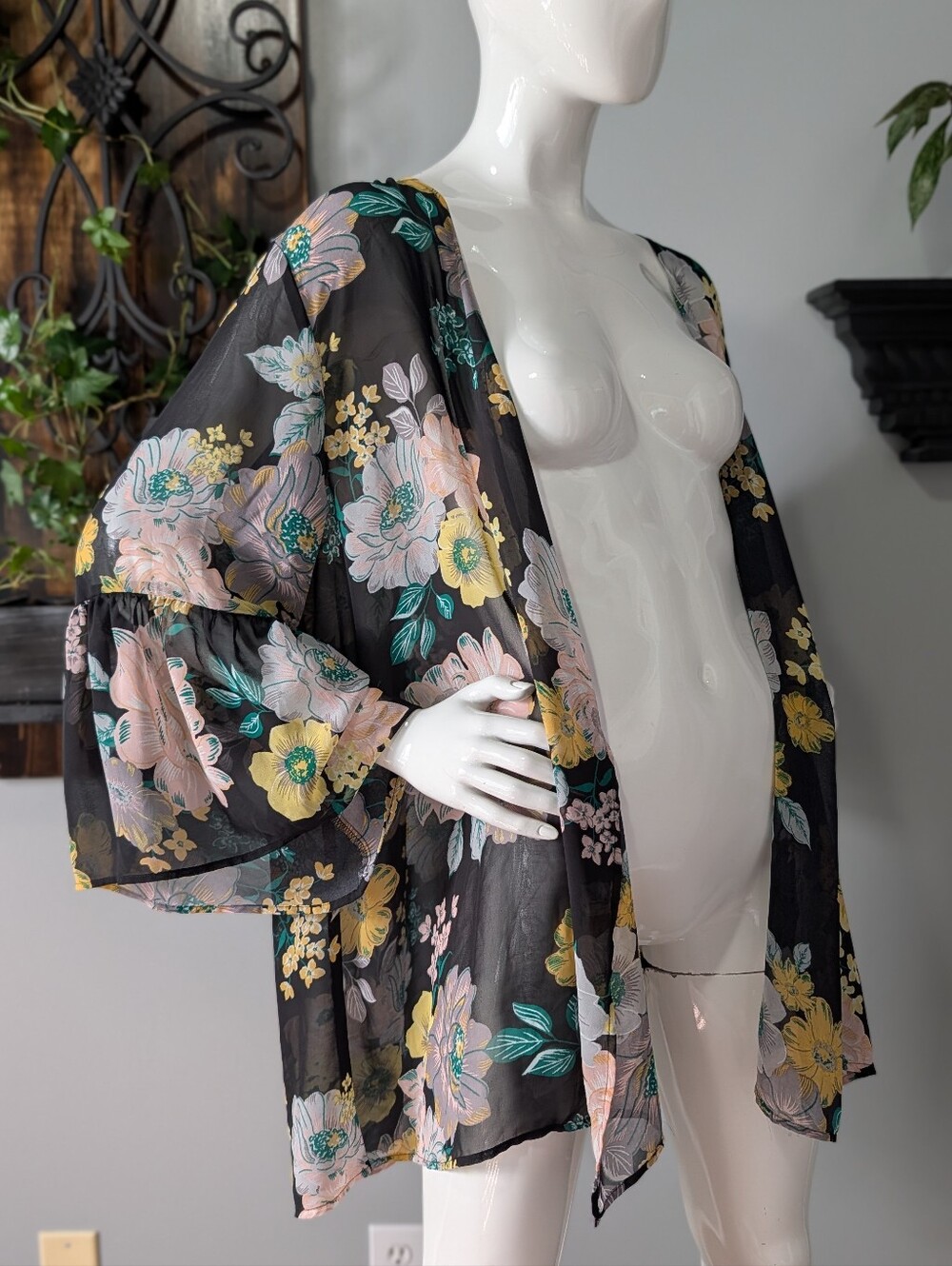 ***💲BOGO💲*** Black Sheer Floral Kimono with Pastel Blooms